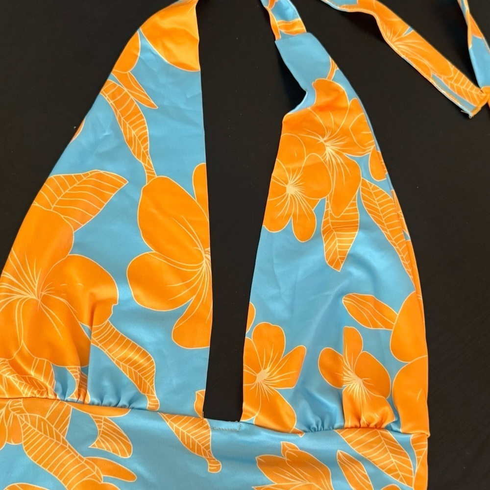 Orange and blue Hawaiian flower print plunge crop tank top | brand new - Picture 7 of 8